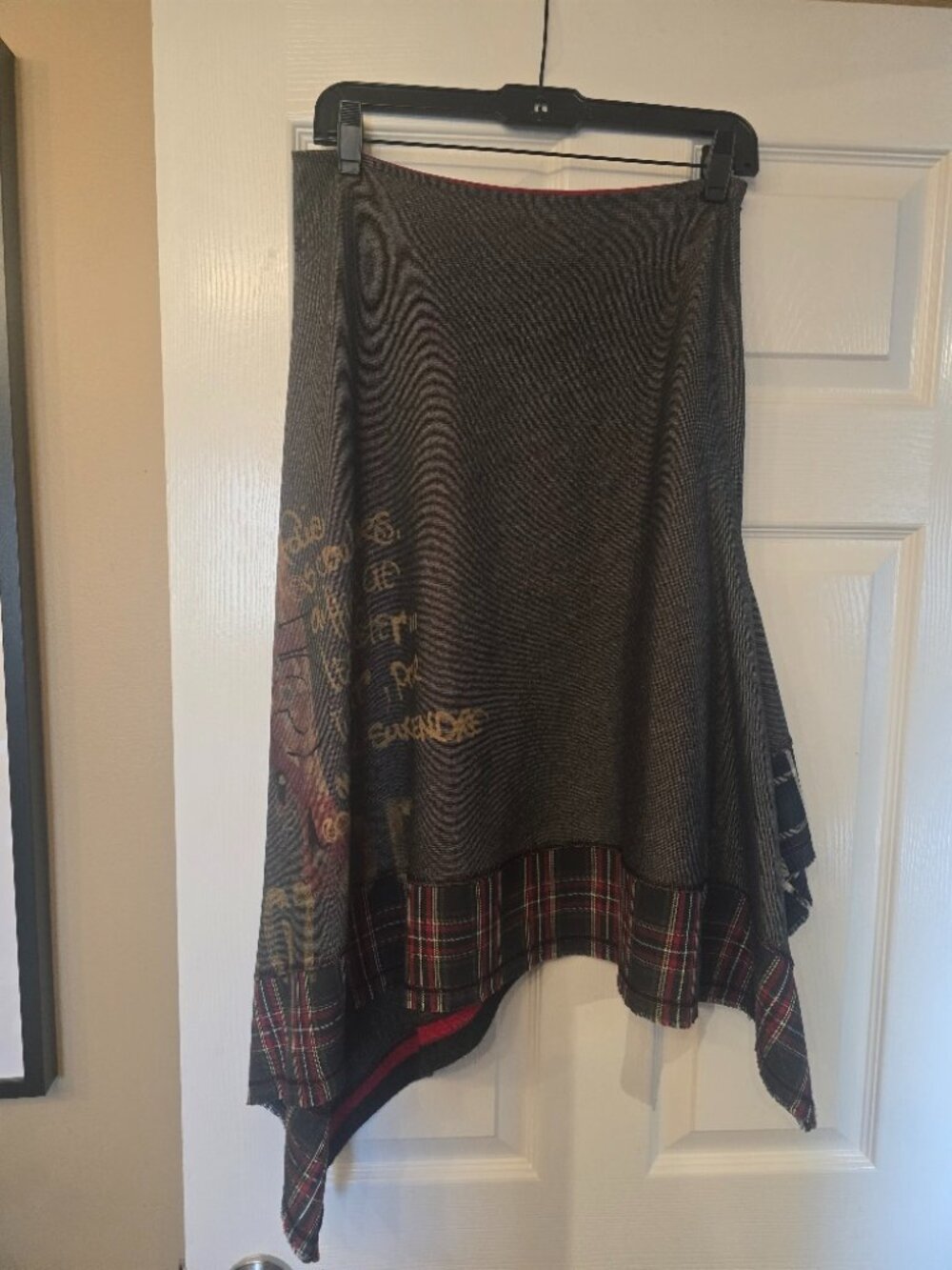 Vintage Cop Copine asymmetrical bi-material tartan midi skirt.